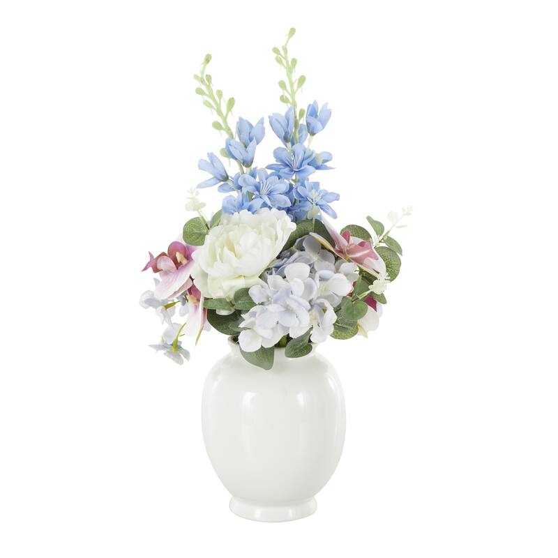 White Fabric Artificial Flower with Green Leaves and Round Ceramic Vase