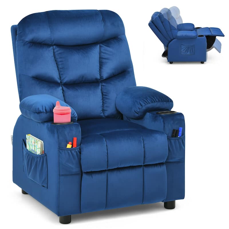 Gymax Kids Youth Recliner Chair Velvet Fabric w/Cup Holder & Side - Blue