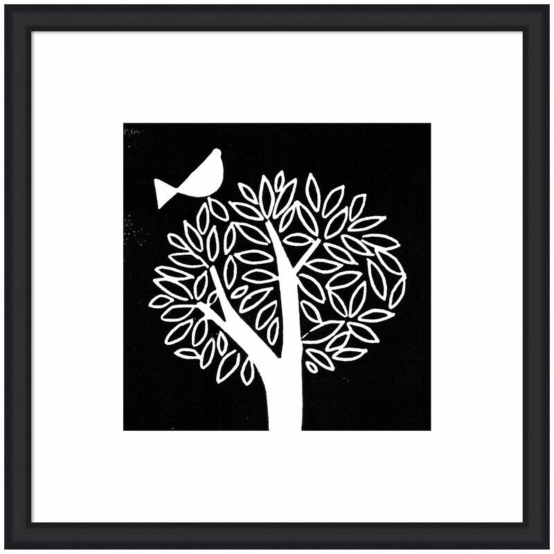 Kate and Laurel Framed Art Black and White Bird Tree Linocut by Giuliana Lazzerini Lazzerini - 35x35 - Black