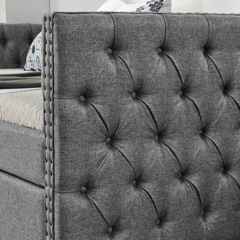 Tufted Daybed Upholstered Frame Sofa Bed with Button Copper Nail on Square Arms, and Pull-out Trundle Bed or Storage Drawers