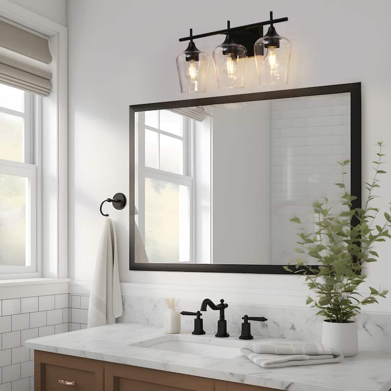 Zarbel Modern Farmhouse Black 3-Light Linear Bathroom Vanity Lights with Clear Unique Wine Glass - L 21"x W 6"x H 9.5"