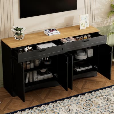Roomfitters Mid-Century Farmhouse TV Stand with Rustic Handles, Wood Grain Sideboard and Buffet Cabinet