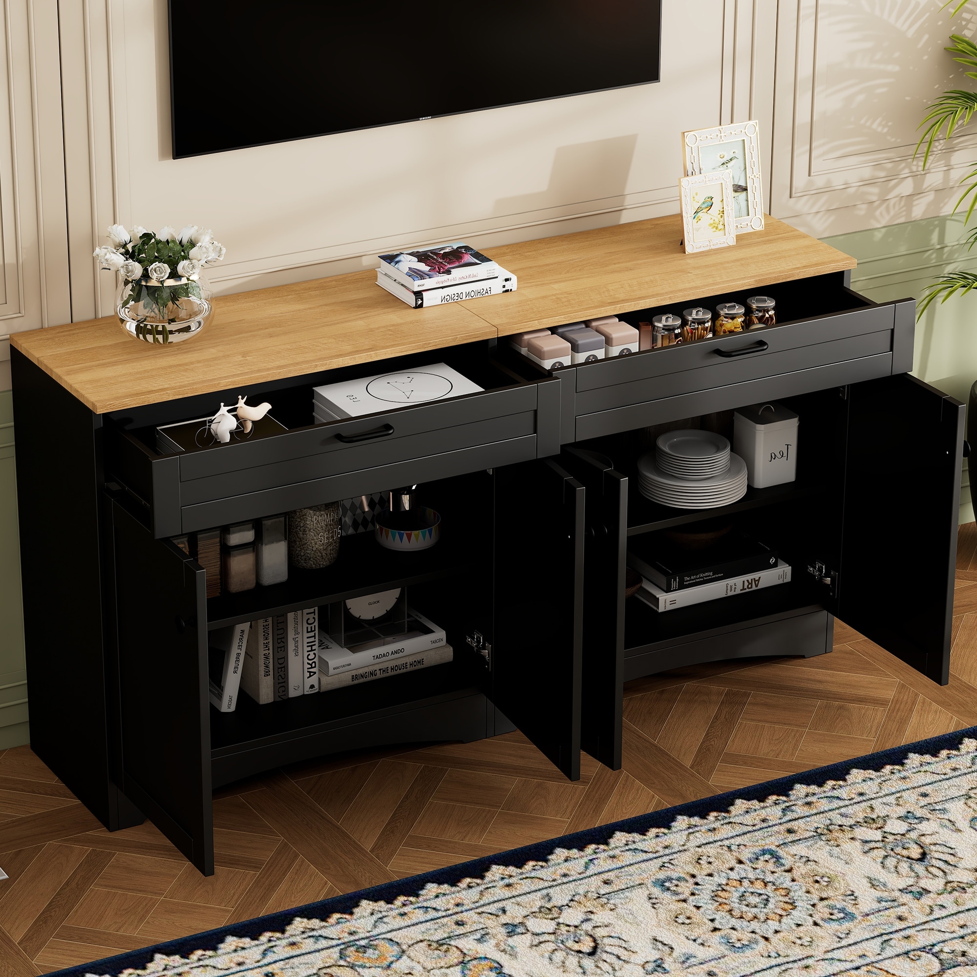 Rustic TV Stand with 2 Drawers for TVs Up To 70", Versatile 4 Doors Wood Grain Sideboard with Adjustable Shelves for Living Room