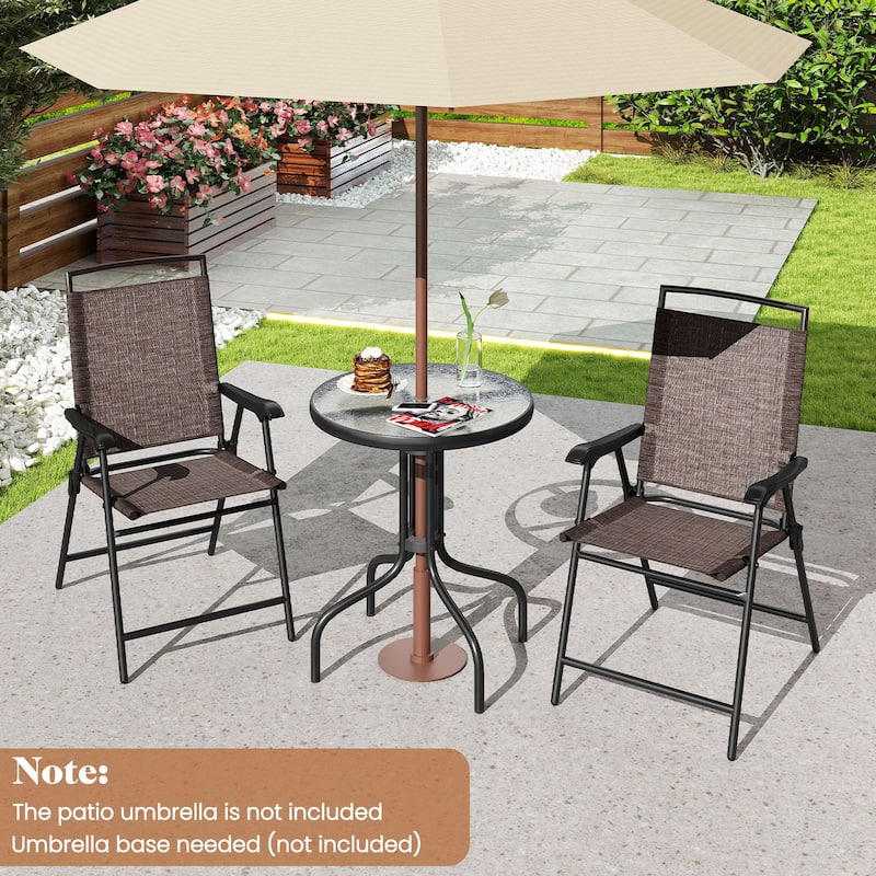 3 Pieces Modern Compact Patio Table with 2 Folding Chairs Set and Umbrella Hole for Small Spaces - 22" x 25.5" x 37"