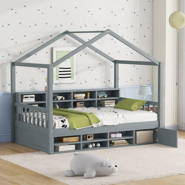 slide 2 of 36, Twin/ Full Size Headboard Bed with Shelves and Mini-cabinet, Creativity Wooden House Bed Frame for Kids, Teens Gray - Twin