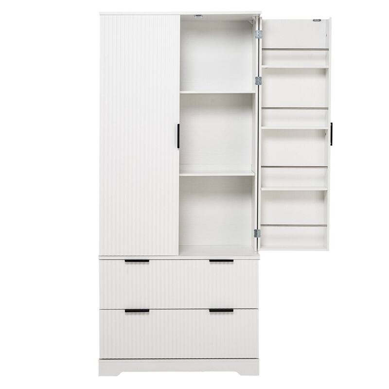 72" Fluted Kitchen Pantry Cabinet, Freestanding Cupboard Storage Cabinet with 2 Drawers for Smart Organization