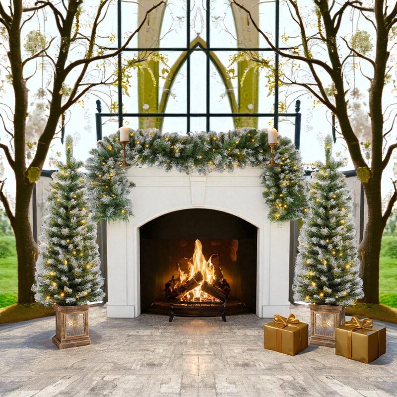 Set of 2 Pre-Lit 4FT Entrance Christmas Trees with LED Lights, Gold Pots, Artificial Holiday Decoration