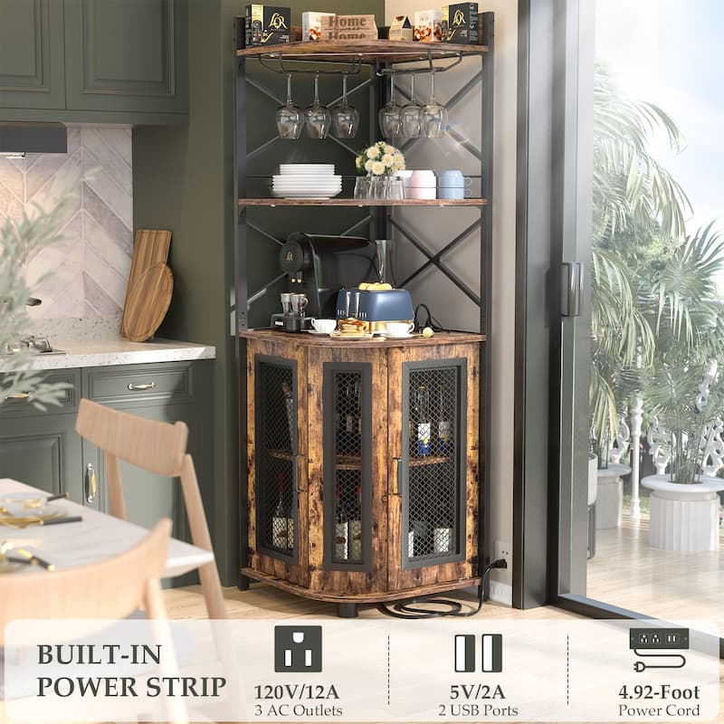 Corner Bar Cabinet with Charging Station and Ambiance Light, Liquor Display Storage Shelves with Glass Holder - Brown