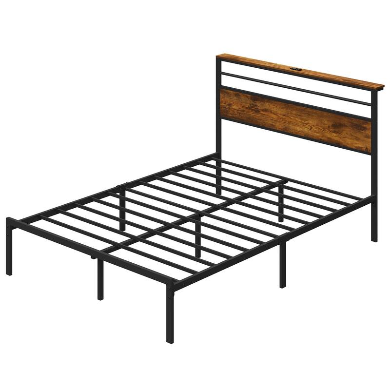 Vintage Industrial Bed Frame with Storage & LED Lights - Full