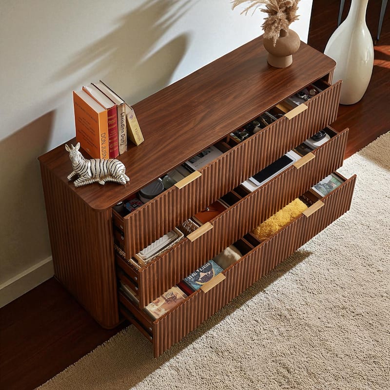 Modern 6 Drawer Dresser with Wave Front Design, Wide Storage Chest and TV Stand, 55" Wooden Organizer Cabinet