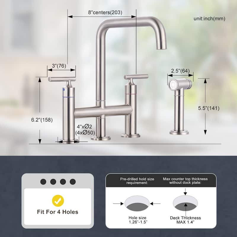 WOWOW Double Handle Bridge Kitchen Faucet with Side Sprayer