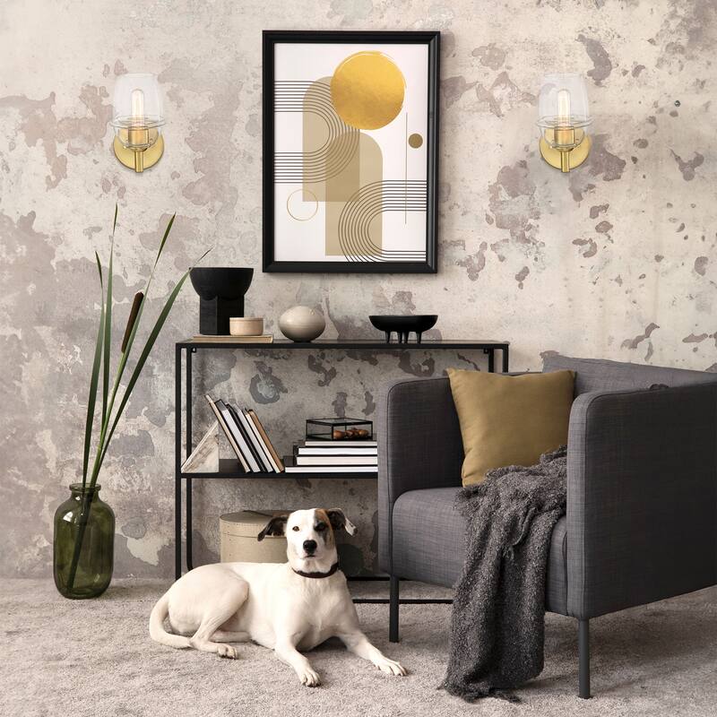 Summer Jazz 5.5 in. 1-Light Brushed Gold Wall Sconce Light with Clear Glass Shade for Bathrooms