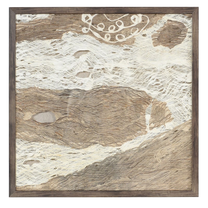 Swept Away Shadow Box I - Abstract Woven Rice Paper Wall Art - Brown Frame - Brown, Off-White - 24 x 24