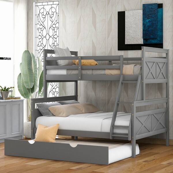 slide 2 of 9, Grey Twin over Full Bunk Bed with Ladder, Twin Trundle, Full-Length Guardrail Gray