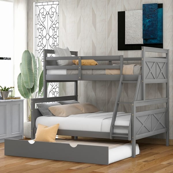 slide 2 of 9, Twin over Full Bunk Bed with Trundle and Ladder Gray