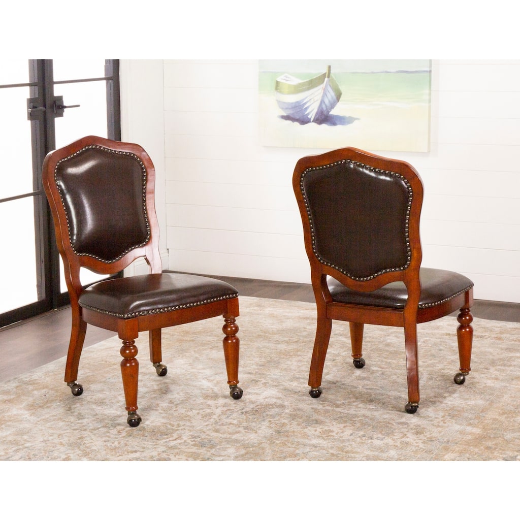 Game Room Dining Chair Set of 2 - Brown Cherry Wood, Nailhead Accents, Rolling Casters