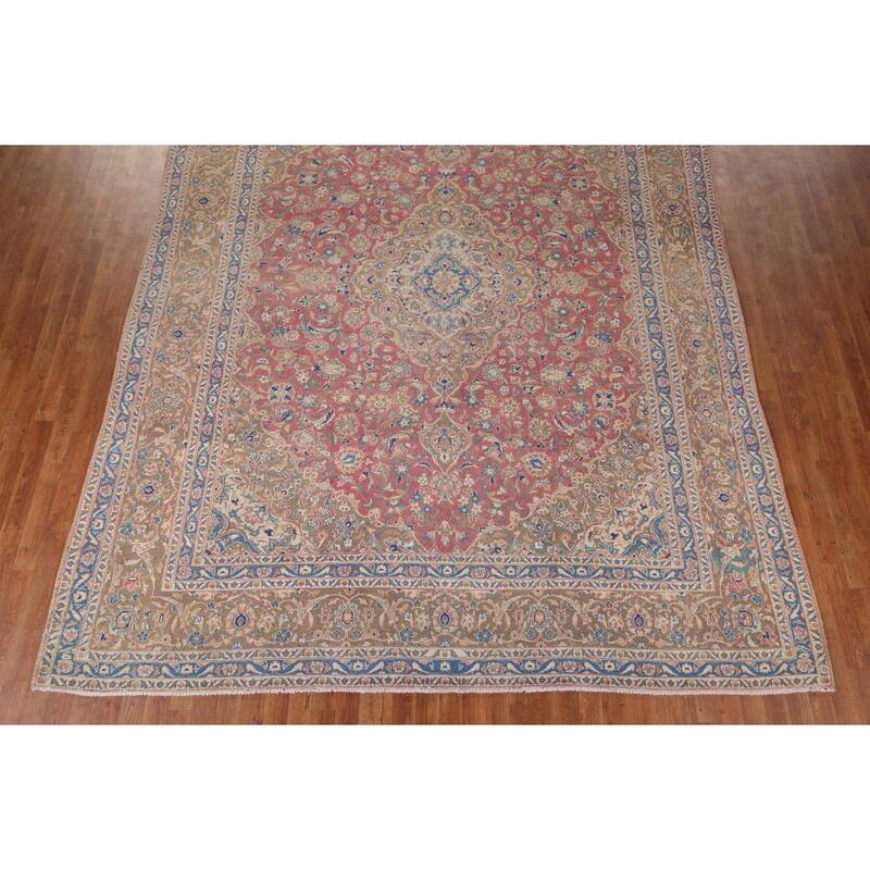 Traditional Pink Mashad Persian Vintage Rug Hand-Knotted Wool Carpet - 9'4" x 12'5"
