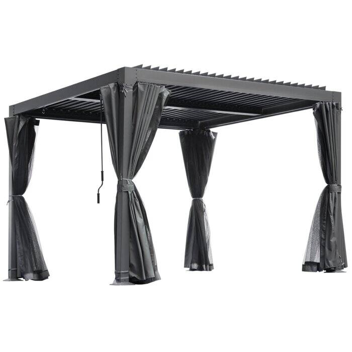 Outdoor Louvered Pergola, Outdoor Patio Hardtop Gazebo, Adjustable Metal Roof Curtains and Netting Included