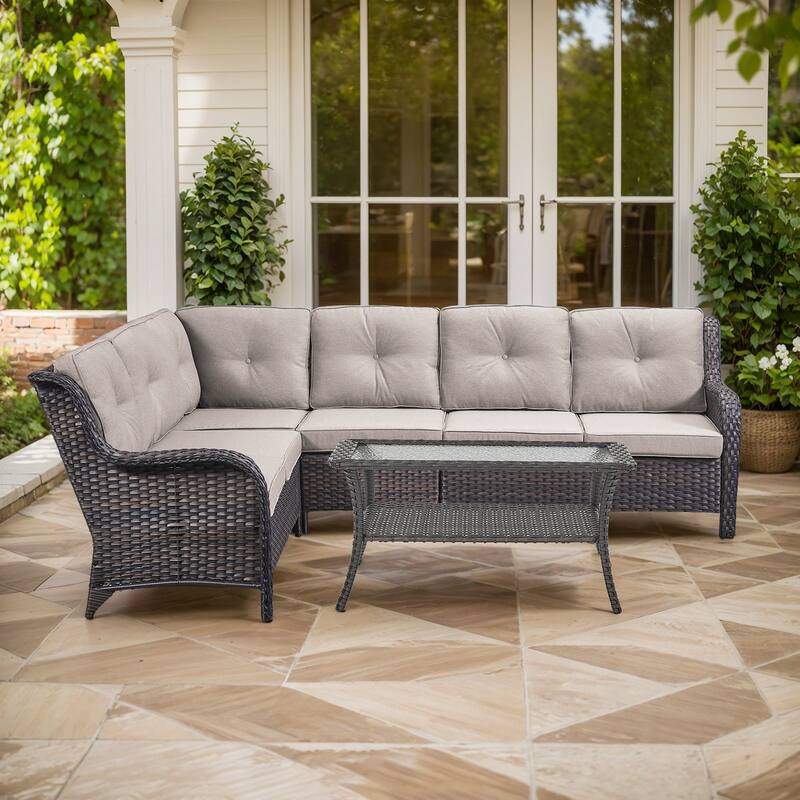 Outdoor Conversation Sets 2 Sectional Sofa Furniture - Sectional Sofa with Table - Brown Rattan - Beige Cushion