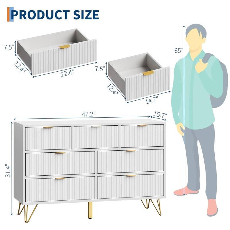7-Drawer Dresser for Bedroom, 47.2" Wide Modern Wooden Chest with Gold Metal Legs & Handles