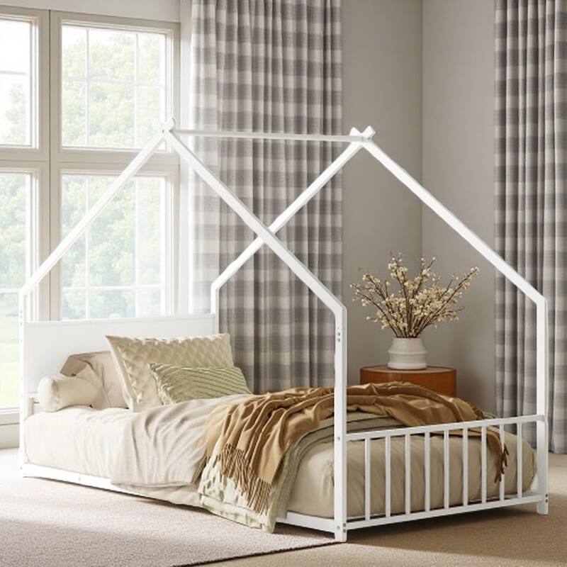 Twin Size Kids' House Bed Frame with Canopy, Built-In Multi-Color LED Lights, Sturdy Metal Slats, Low-Profile Design - Twin White - Twin