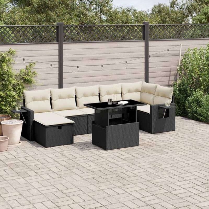 vidaXL Patio Sofa Set with Cushions Outdoor Furniture 8 Piece Poly Rattan - 21.7 x 39.4 x 28.7 in - Black and cream without storage