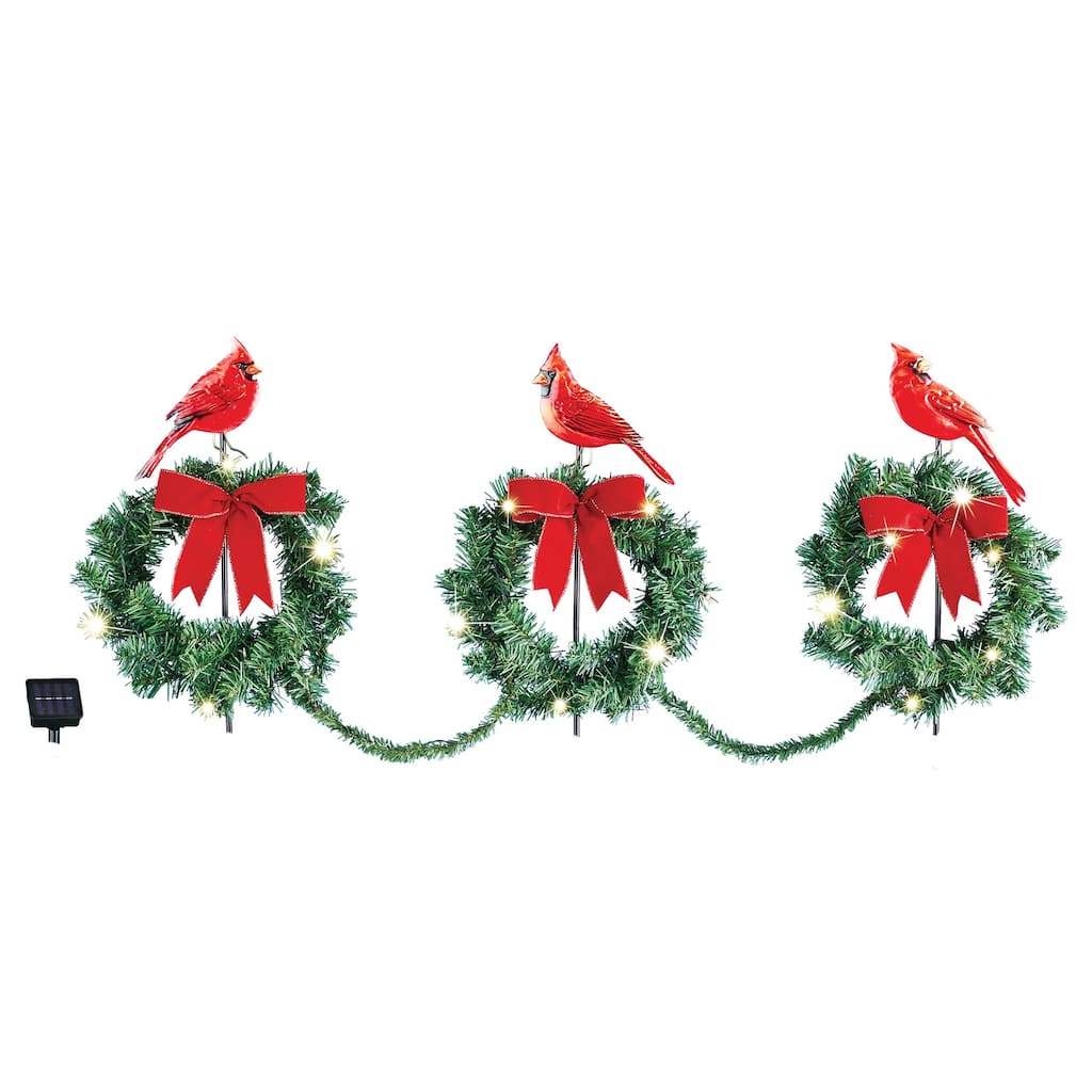 Set of 3 Cardinal Wreath Christmas Path Stakes with Solar Powered Lights - 60 x 27 x 4