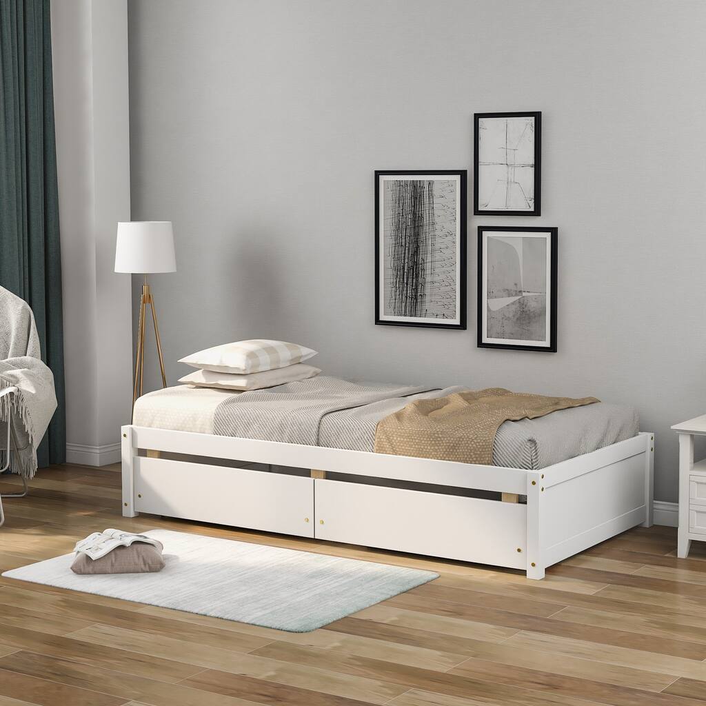 Solid Wood Twin Bed with 2 Pull-out Separate Storage Drawers, White