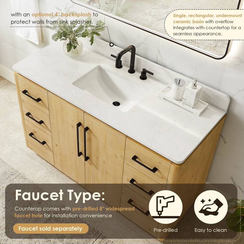 Serene Bathroom Vanity in Nature Brown with Grain White Engineered Stone Countertop with Mirror