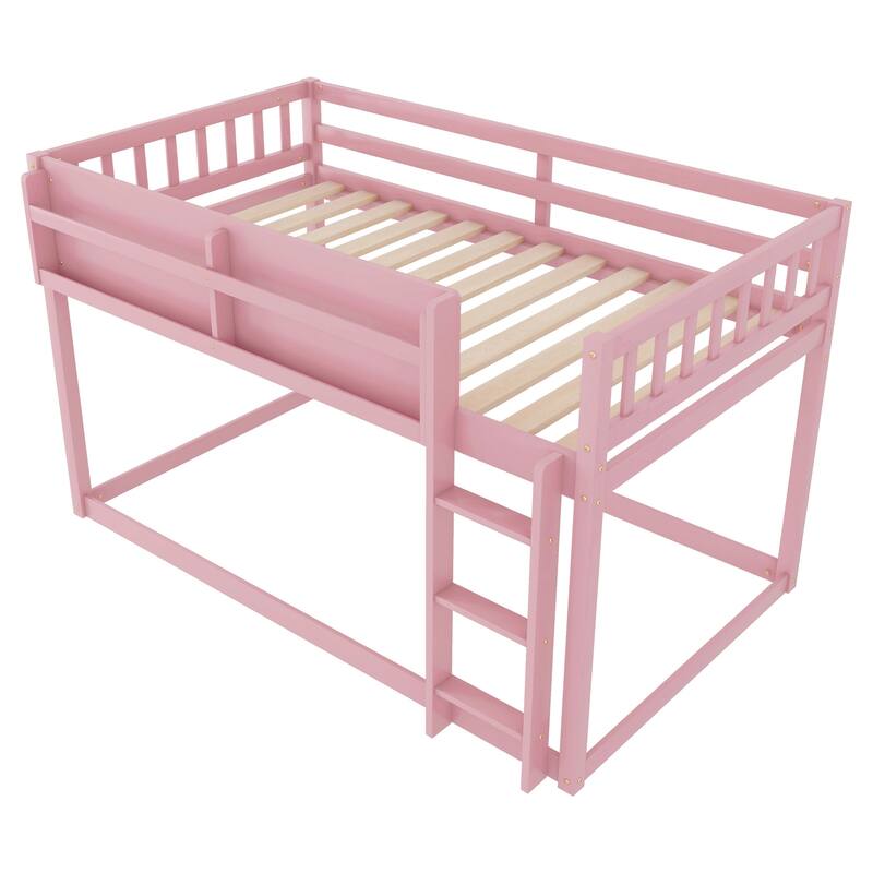 Low Twin Over Twin Bunk Bed, Floor Bunk Bed with Ladder and Storage Shelf, Convertible Design Twin Size Bunk Bed Frame