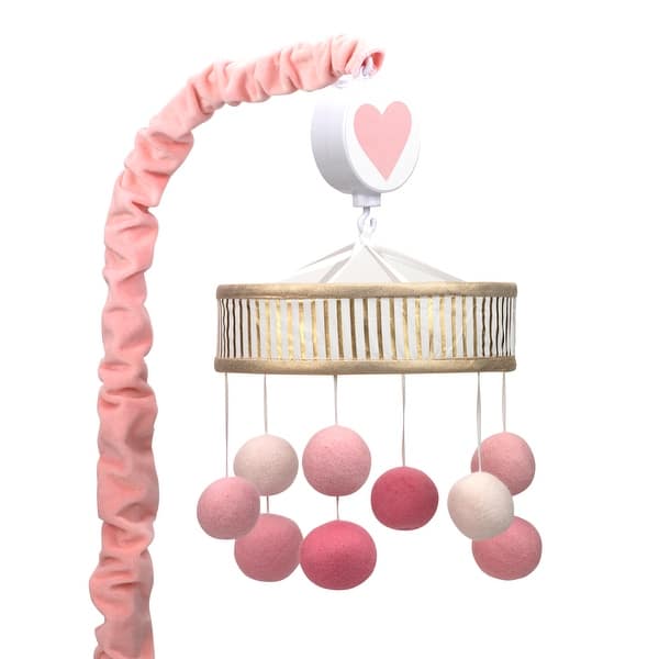 slide 2 of 4, Lambs & Ivy Layla Pink/Gold Pom Pom Musical Baby Crib Mobile