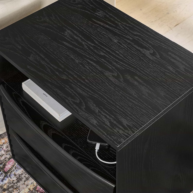 Modern Nightstand with Charging Station,2 Drawers,Open Shelf,and Louver Design