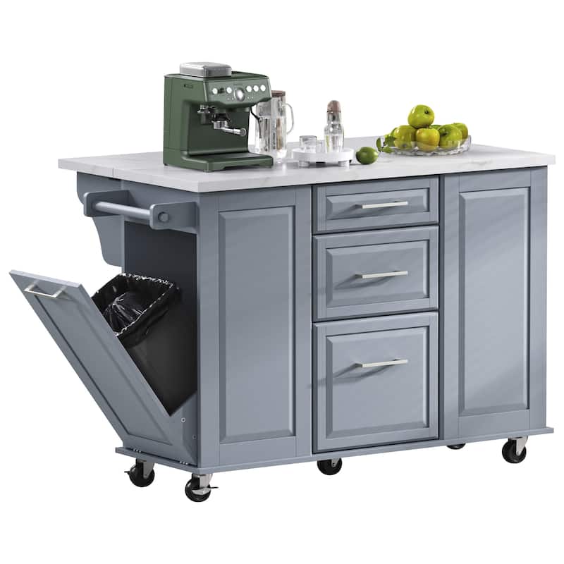 Kitchen Island Cart on Lockable Wheels with Drop Leaf, 2 Drawers & 1 Door, Rolling Island with Hidden Tilt-Out Trash Bin