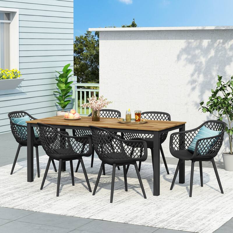 Poppy Outdoor Wood and Resin Outdoor 7 Piece Dining Set by Christopher Knight Home - Black + Teak