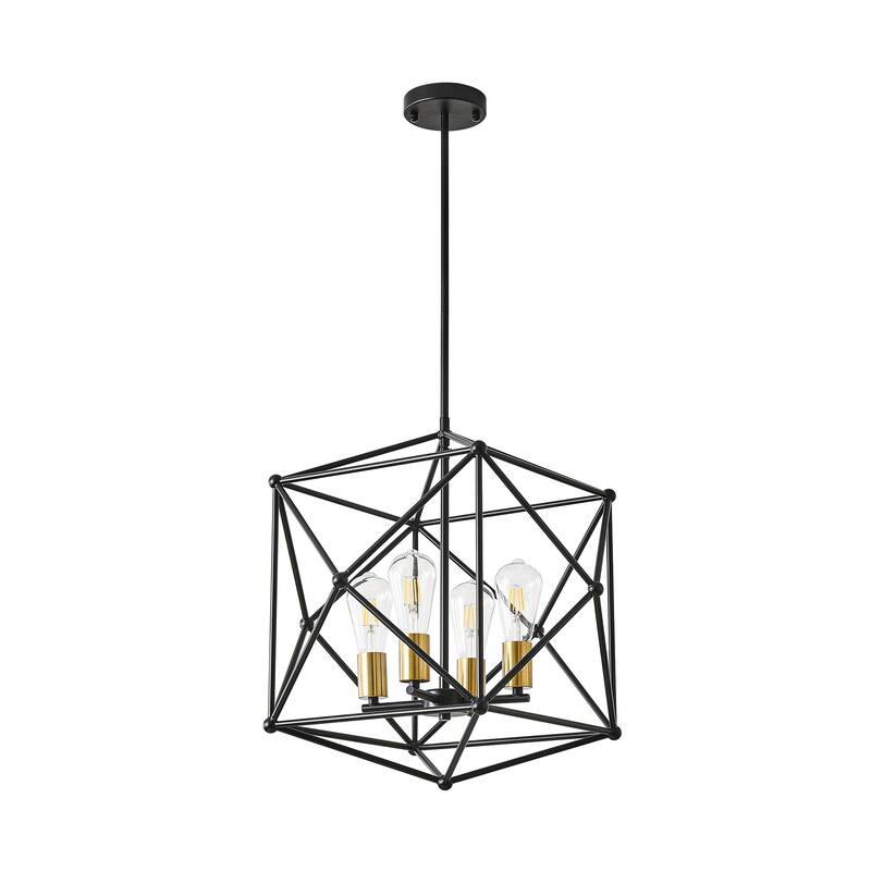 4-Light Geometric Black Metal Cage Chandelier with Gold - Accent Bulb Bases - Matte Black