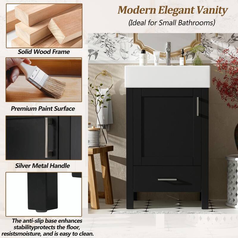20.28'' Black Modern Bathroom Vanity with Ceramic Sink, Solid Wood Frame and Drawer