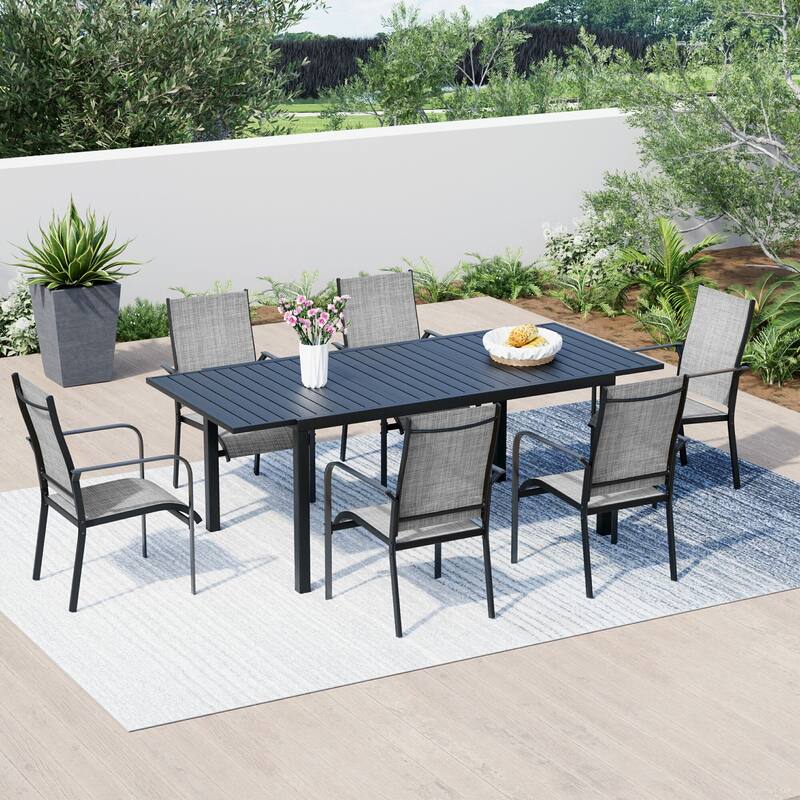Patio Dining Set w Textilene / Swivel Rocking Chairs, Outdoor Table & Chairs w Adjustable Umbrella Hole, 5/7/9-Piece Garden Set - 7/9 Piece-Expandable - Grey