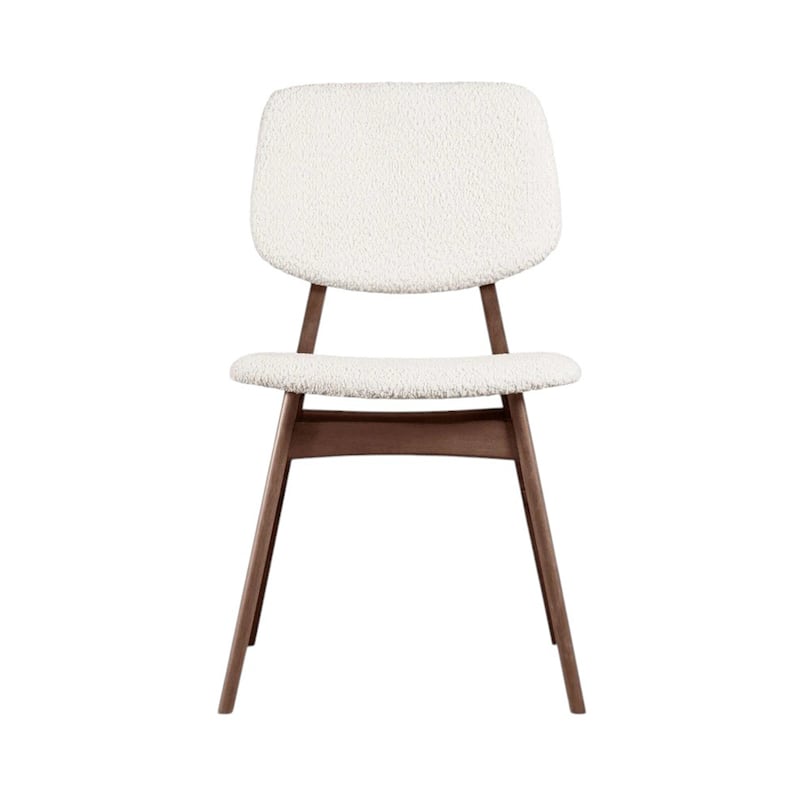 Set of 2 Boucle Upholstered Dining Chairs with Padded Back and Seat in Walnut and Beige