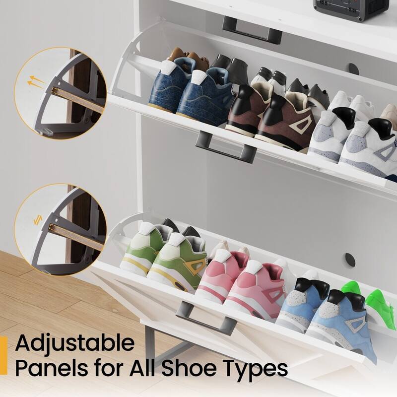 AVAWING Freestanding Farmhouse Shoe Cabinet - 2 Flip Drawers & Adjustable Shelves, Entryway Slim Storage with Side Hooks.