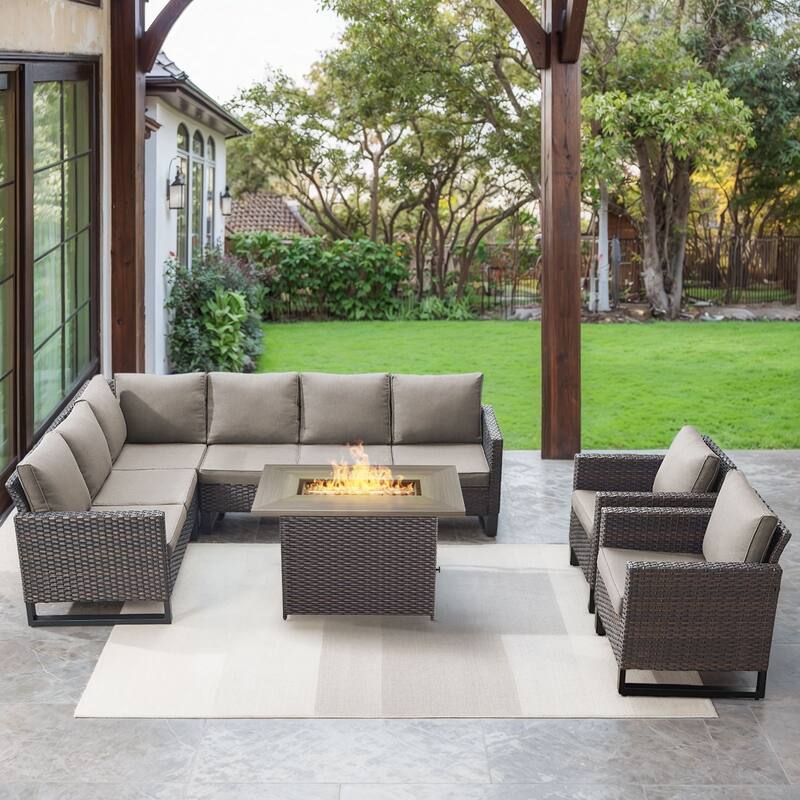 Gymojoy L-Shaped Outdoor Corner Sectional Sofa 6-seats Couch Conversation Set - 4 PCS - Fire Pit & Club Chairs - Brown Wicker / Grey Cusion