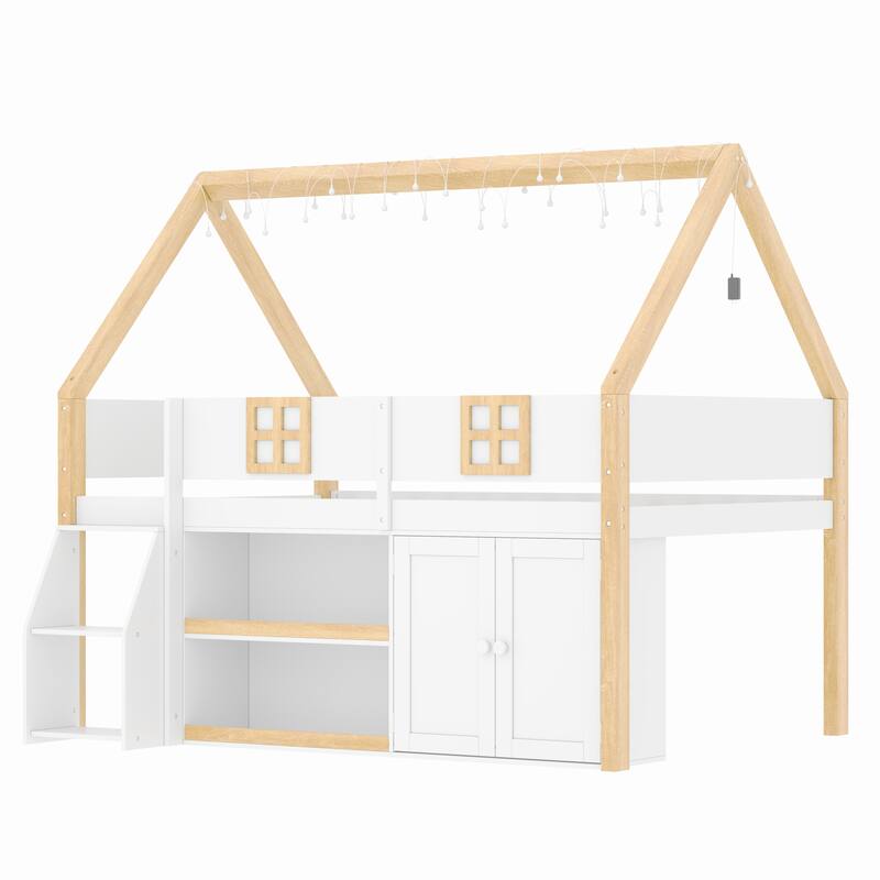 Fairytale House-shaped Low Loft Bed with Step Staircase, Shelving, Cabinets and LED Lights for Children's Room, Kids House Bed