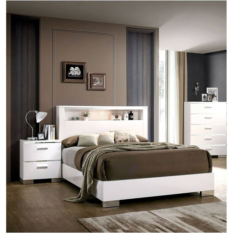 Elegant White High-Gloss Nightstand w/ Chrome & USB for Bedroom