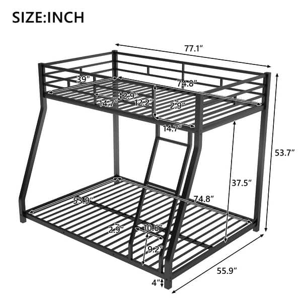 dimension image slide 1 of 2, Twin over Full Modern Stylish Metal Floor Bunk Bed,Easy Assembly, features a Twin top bunk over a Full bottom, Black