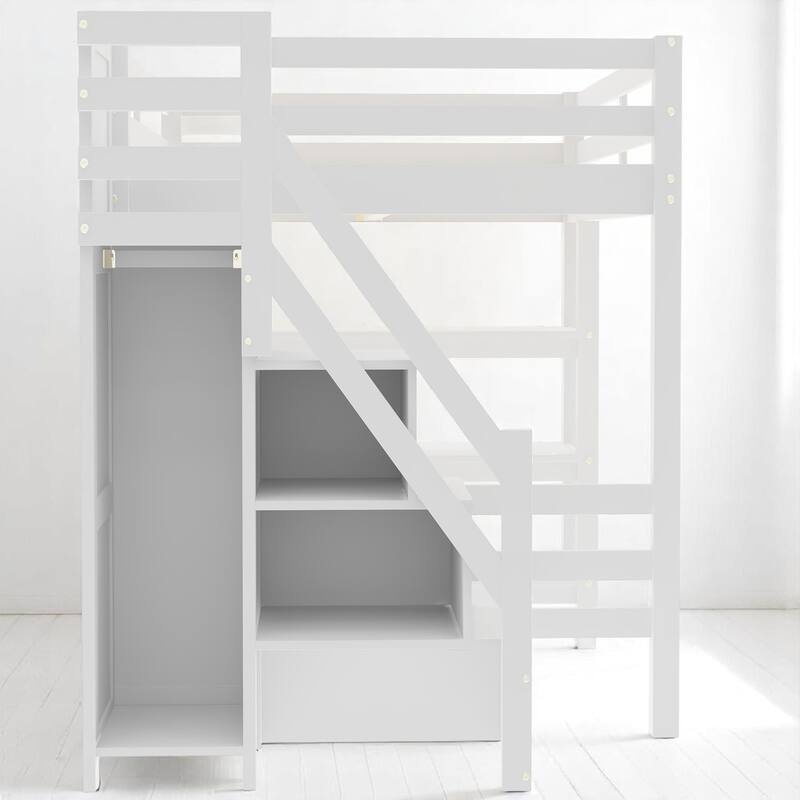 Twin/Full Size White Loft Bed with Storage Shelves, Staircase, Wardrobe & LED Light - Pine Wood Frame