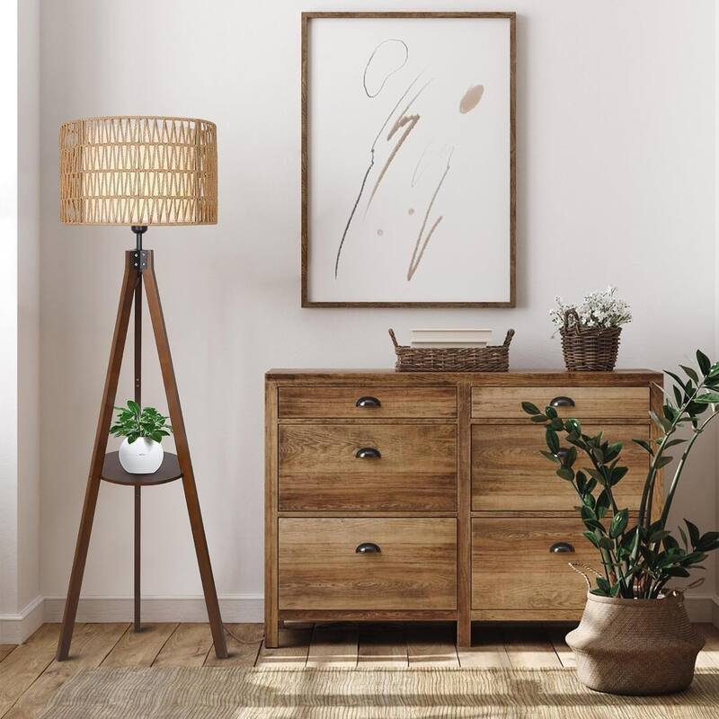 Tripod Floor Lamp with Shelves, Mid Century Wood Standing Lamp with Rattan & Fabric Shades, ON/Off Foot Switch, Tall Floor Lamps