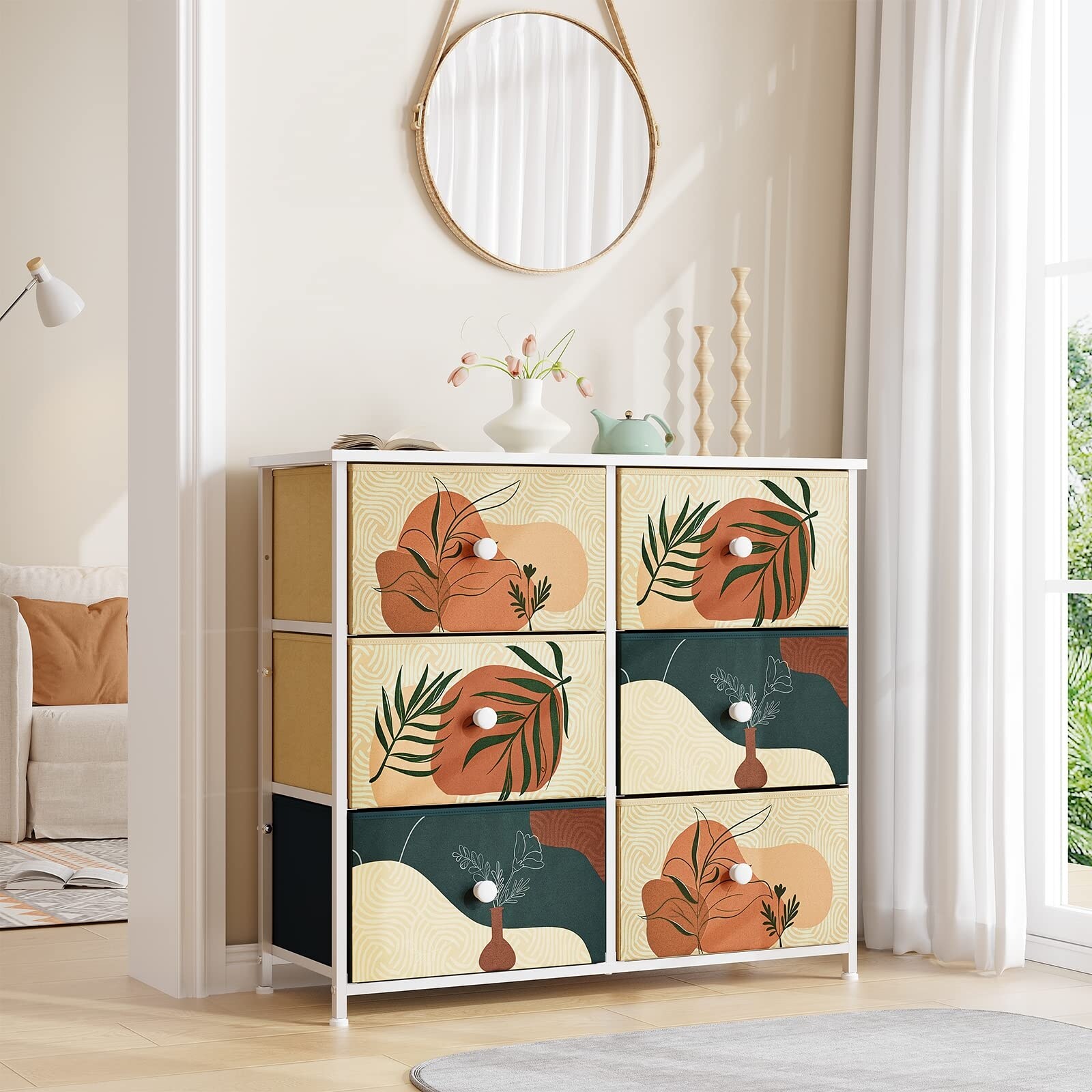 boho dresser Grappa 62" Natural Wood & Raffia Wavy 6-Drawer Best of all Boho Noah Dresser in Hazelnut
