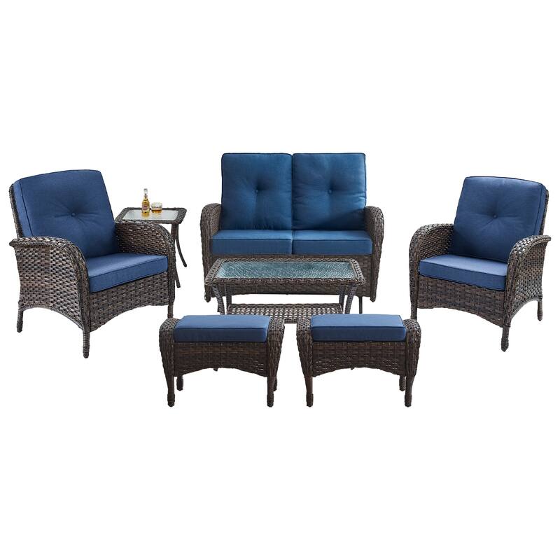 Pocassy 7 Pieces Glider Sofa with Patio Chairs Ottomans Table