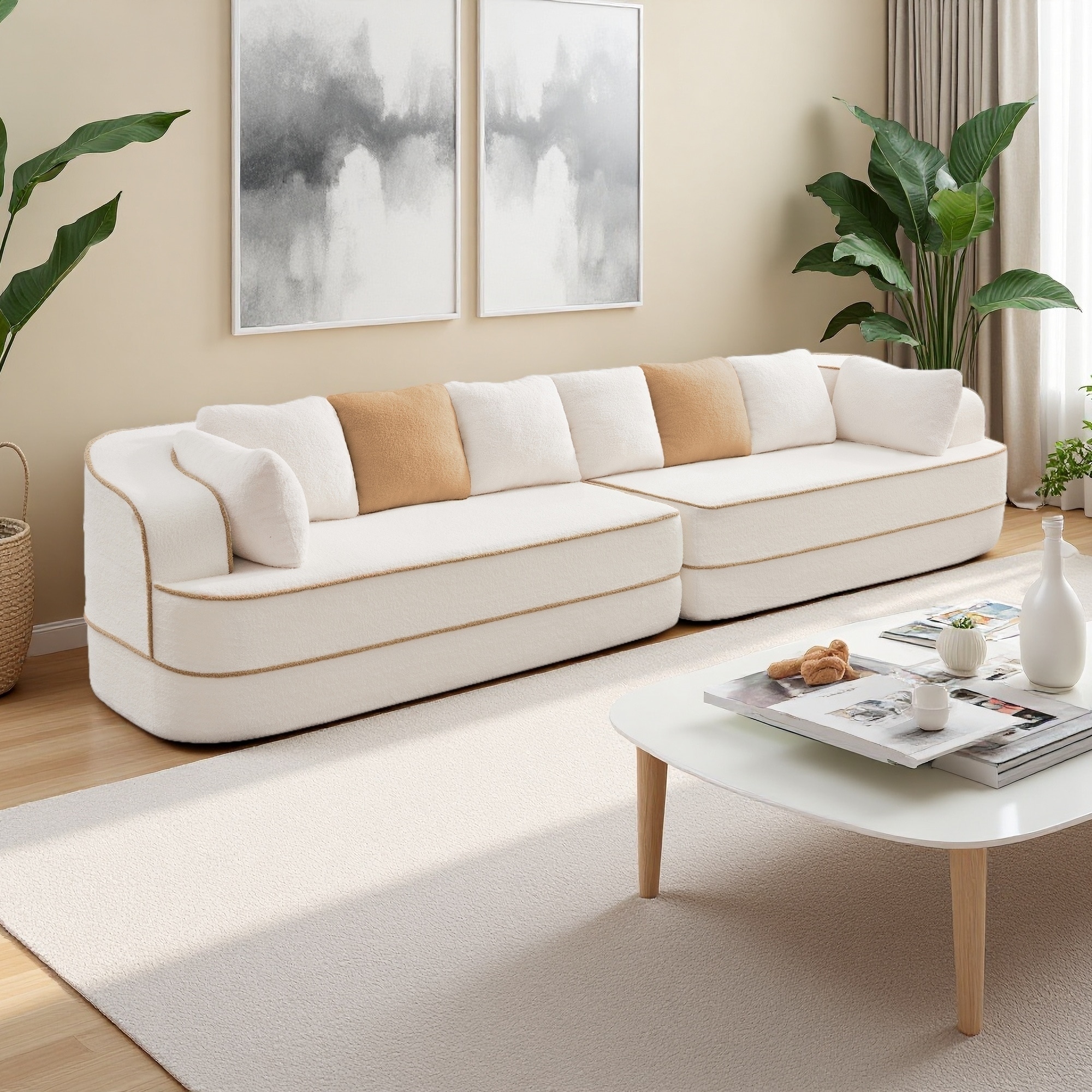 134.7" 4-Seat Teddy Fabric Oversized Sectional Sofa with Contrast Color, No Assembly