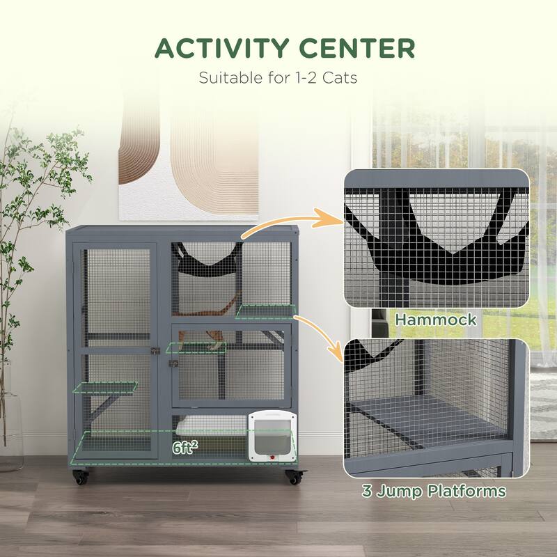 PawHut Cat House, Indoor Cat Enclosure on Wheels, Wooden Kitty Cage with Cat Flap Door - Gray
