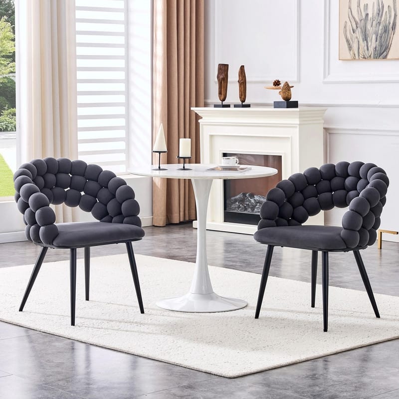Set of 2 Puffy Bubble Velvet Dining Chairs with Ball Chain Design